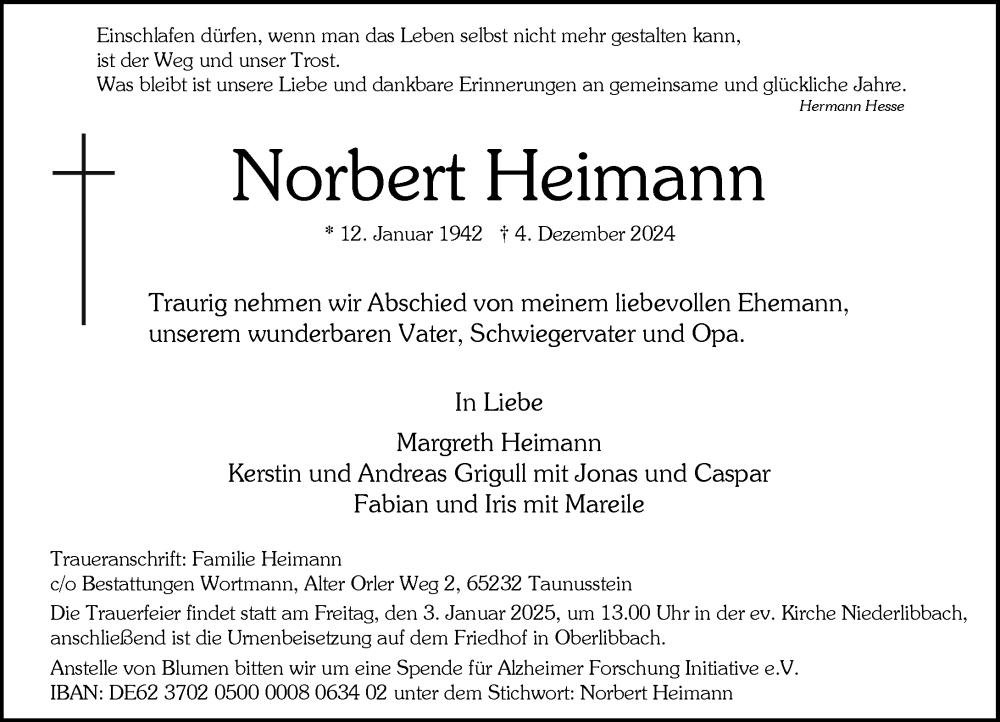  Traueranzeige für Norbert Heimann vom 14.12.2024 aus Wiesbadener Kurier