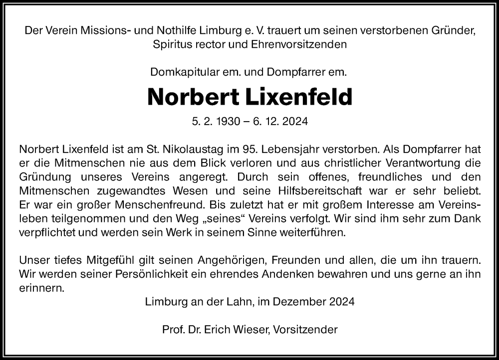  Traueranzeige für Norbert Lixenfeld vom 11.12.2024 aus Nassauische Neue Presse
