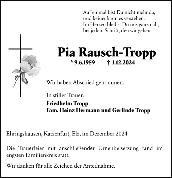 Traueranzeige von Pia Rausch-Tropp von Wetzlarer Neue Zeitung