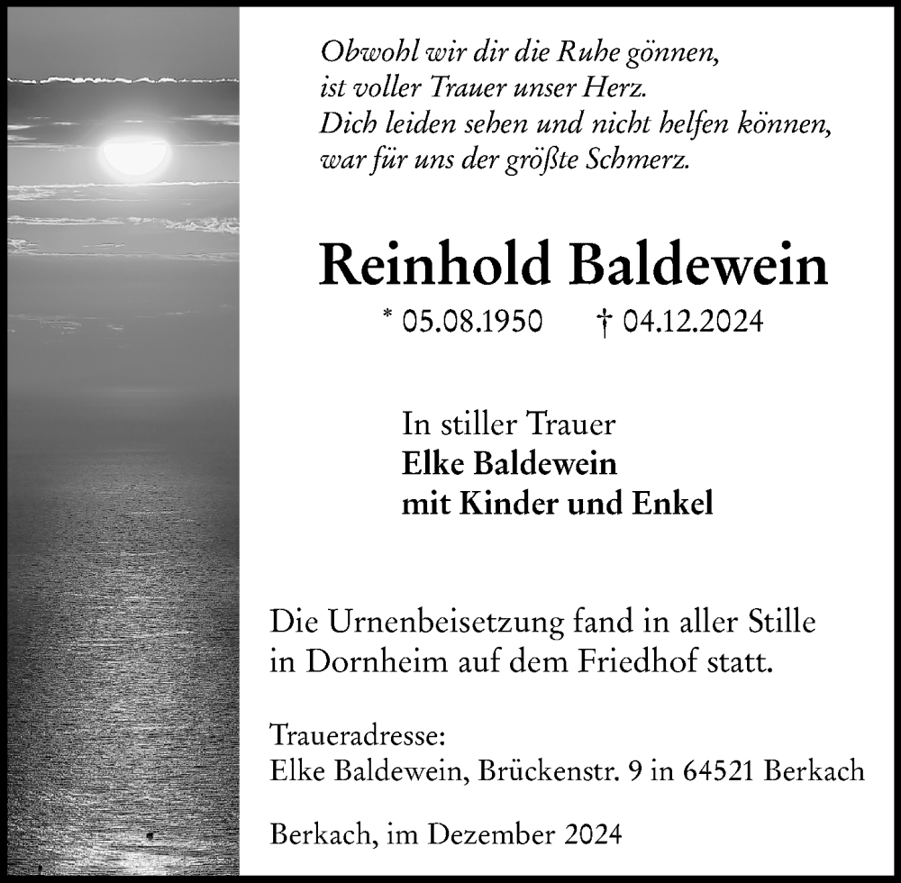  Traueranzeige für Reinhold Baldewein vom 21.12.2024 aus Groß-Gerauer Echo