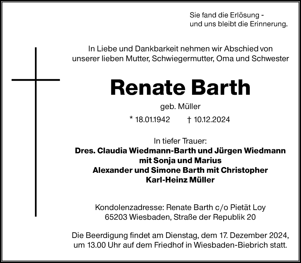 Traueranzeige für Renate Barth vom 14.12.2024 aus Wiesbadener Kurier