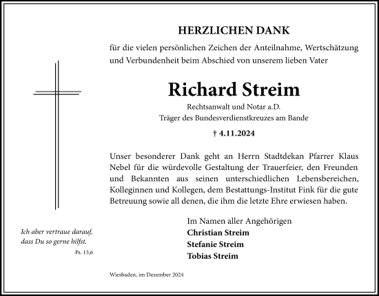 Traueranzeige von Richard Streim von Wiesbadener Kurier