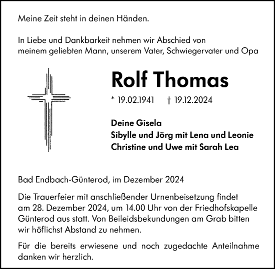 Traueranzeige von Rolf Thomas von Hinterländer Anzeiger