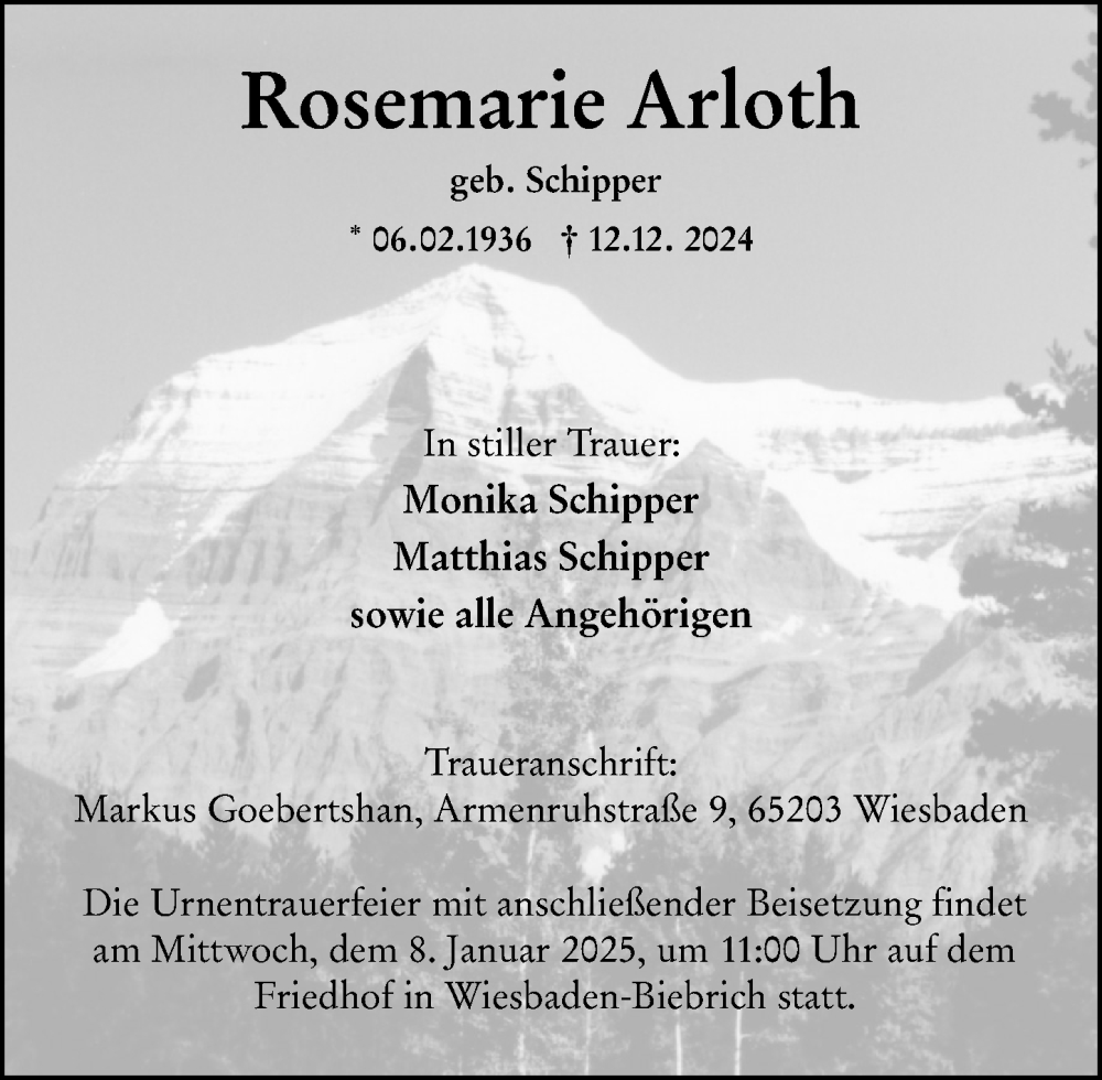  Traueranzeige für Rosemarie Arloth vom 21.12.2024 aus Wiesbadener Kurier