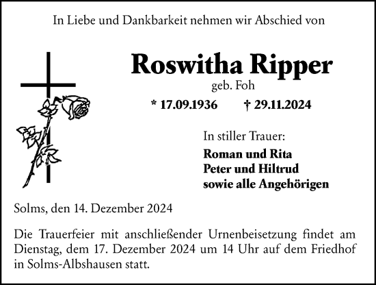 Traueranzeige von Roswitha Ripper von Wetzlarer Neue Zeitung