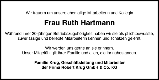 Traueranzeige von Ruth Hartmann von Hinterländer Anzeiger