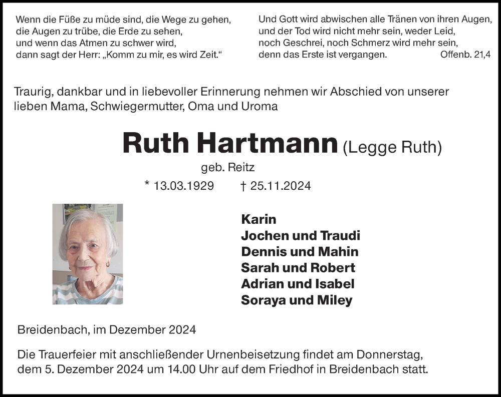  Traueranzeige für Ruth Hartmann vom 02.12.2024 aus Hinterländer Anzeiger