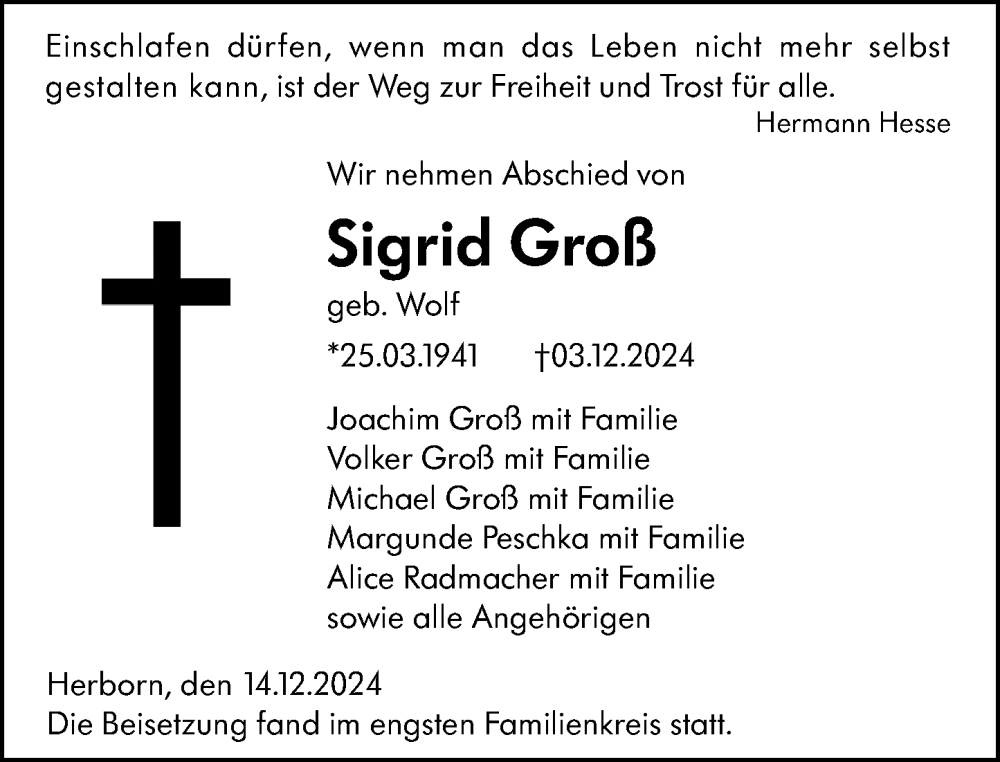 Traueranzeige für Sigrid Groß vom 14.12.2024 aus Dill Block