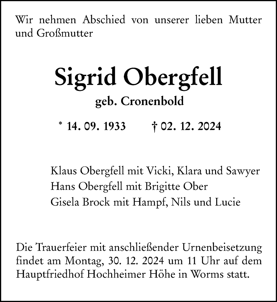  Traueranzeige für Sigrid Obergfell vom 21.12.2024 aus Wormser Zeitung