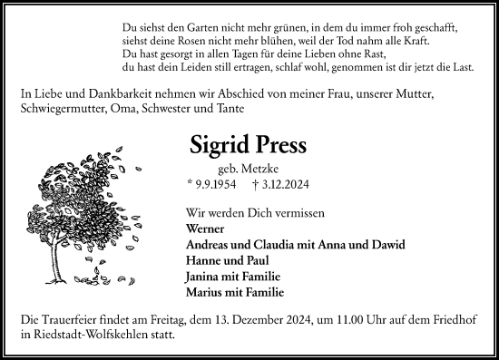 Traueranzeige von Sigrid Press von Groß-Gerauer Echo