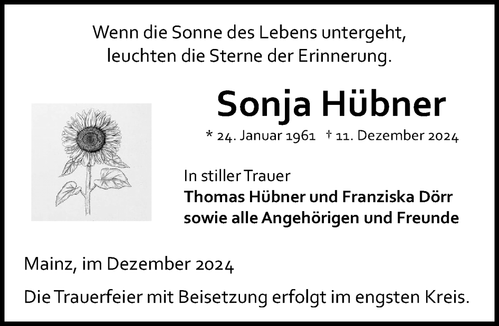 Traueranzeige für Sonja Hübner vom 21.12.2024 aus Allgemeine Zeitung Mainz