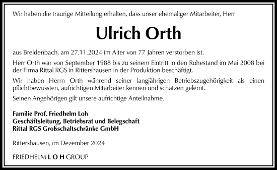 Traueranzeige von Ulrich Orth von Hinterländer Anzeiger