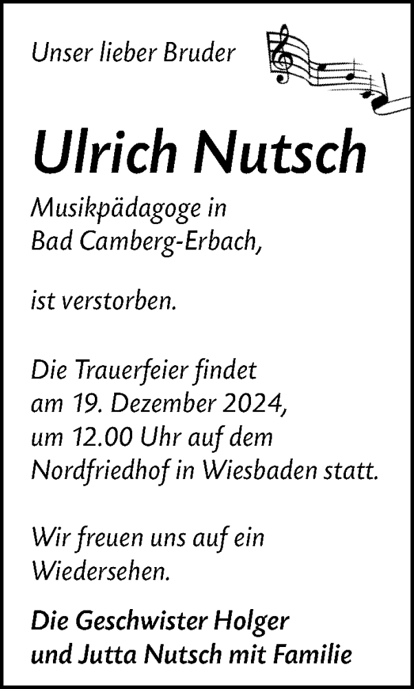  Traueranzeige für Ulrich Nutsch Nutsch vom 19.12.2024 aus Camberger Anzeiger