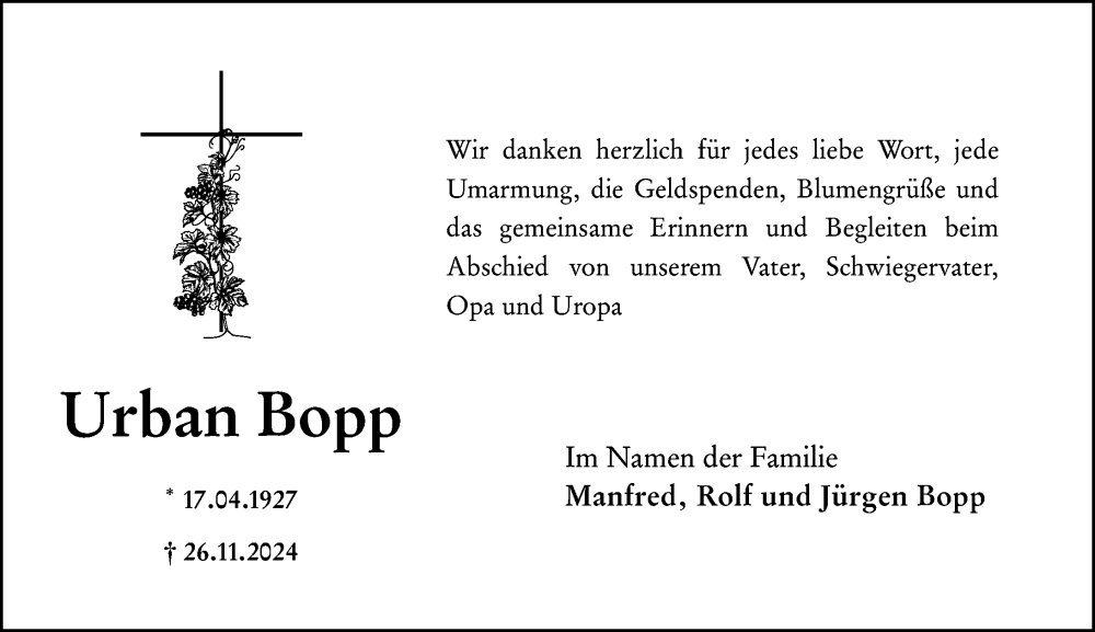  Traueranzeige für Urban Bopp vom 13.12.2024 aus Hochheimer Zeitung