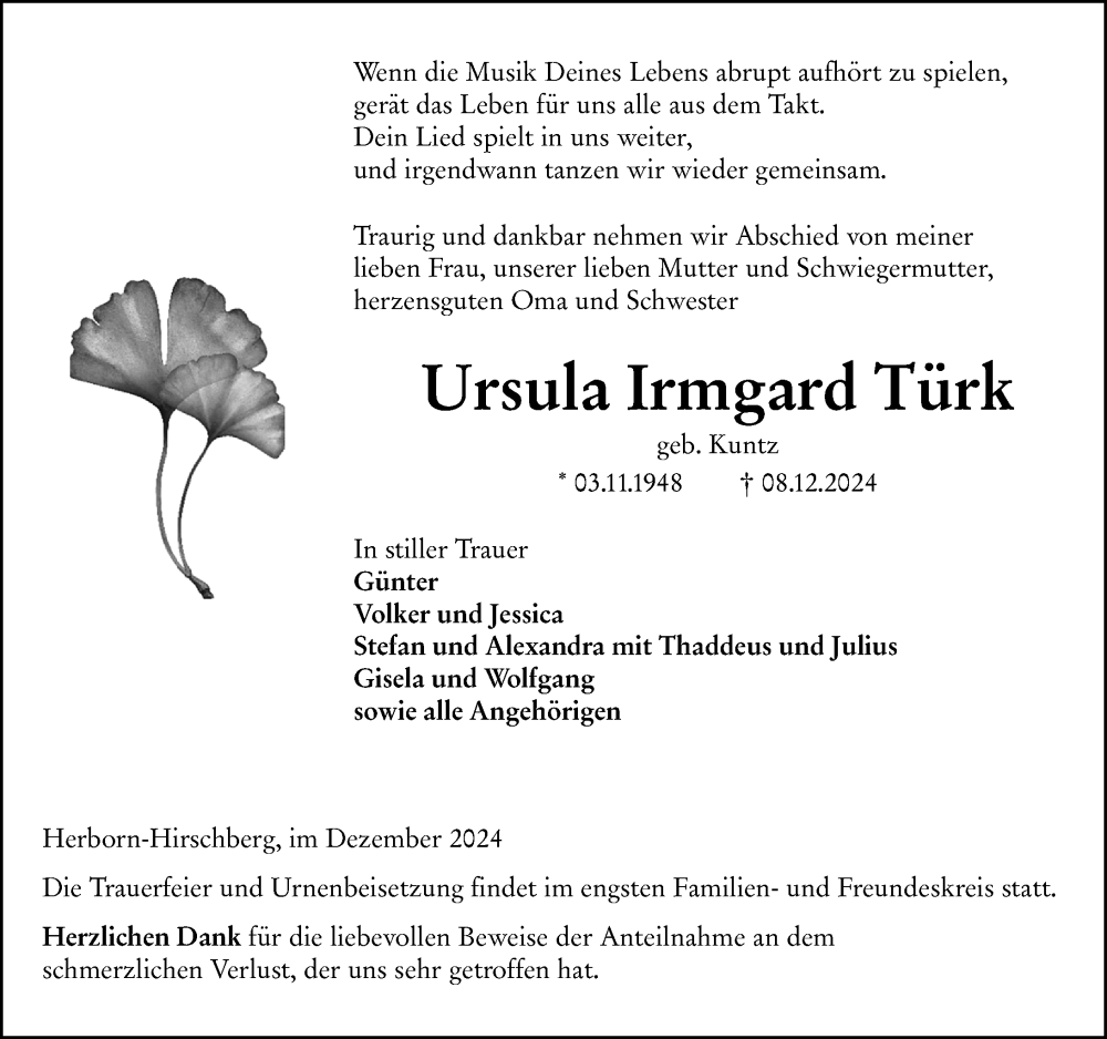  Traueranzeige für Ursula Irmgard Türk vom 18.12.2024 aus Dill Block