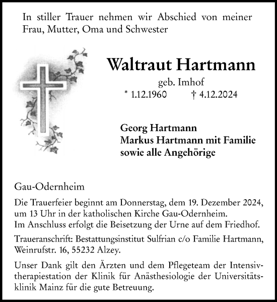 Traueranzeige von Waltraut Hartmann von Allgemeine Zeitung Mainz