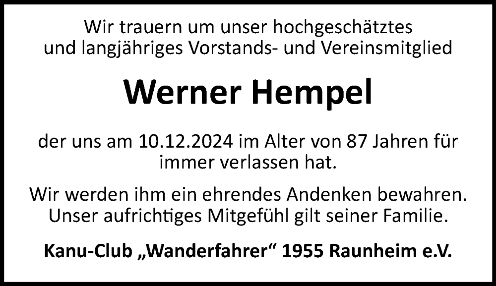  Traueranzeige für Werner Hempel vom 28.12.2024 aus Rüsselsheimer Echo