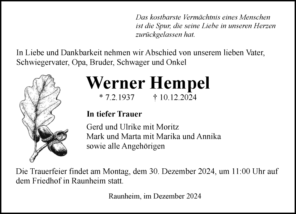  Traueranzeige für Werner Hempel vom 21.12.2024 aus Rüsselsheimer Echo