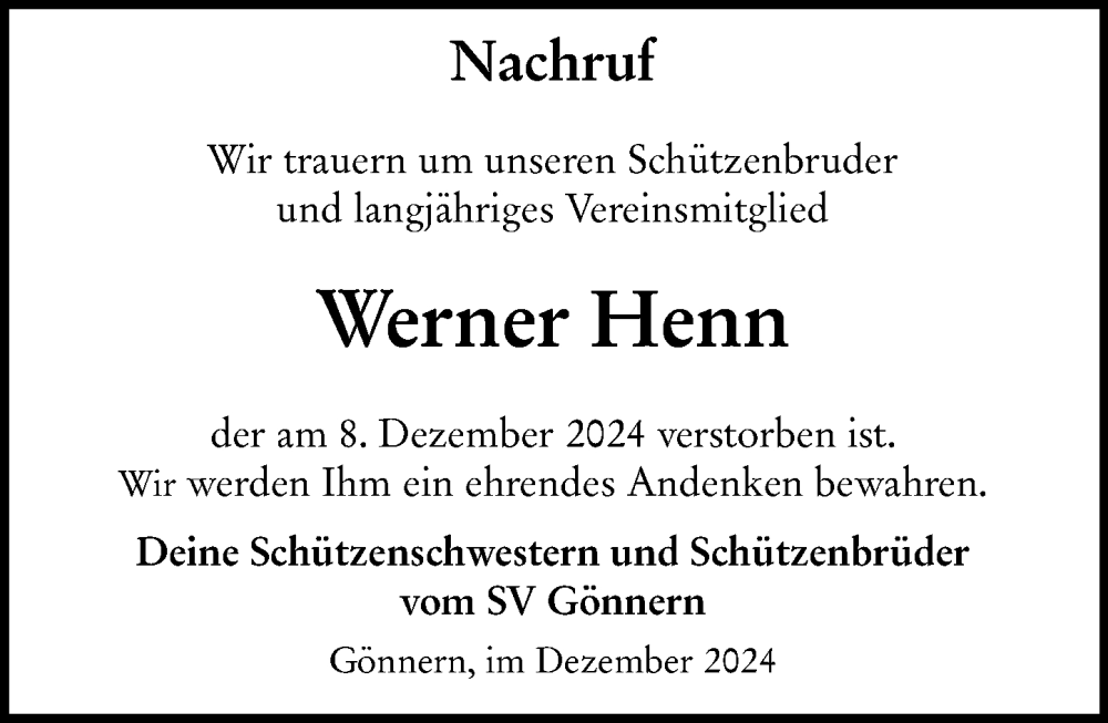  Traueranzeige für Werner Henn vom 20.12.2024 aus Hinterländer Anzeiger