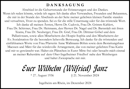 Traueranzeige von Wilhelm Janz von Allgemeine Zeitung Rheinhessen-Nahe