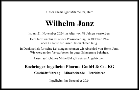 Traueranzeige von Wilhelm Janz von Allgemeine Zeitung Rheinhessen-Nahe