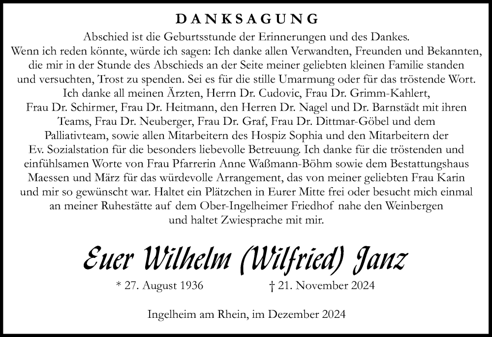  Traueranzeige für Wilhelm Janz vom 21.12.2024 aus Allgemeine Zeitung Rheinhessen-Nahe