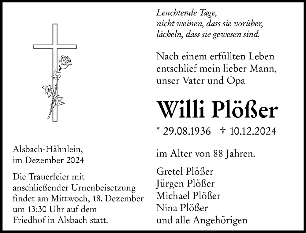  Traueranzeige für Willi Plößer vom 14.12.2024 aus Darmstädter Echo