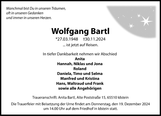 Traueranzeige von Wolfgang Bartl von Idsteiner Land/Untertaunus