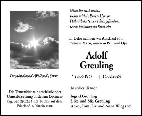 Traueranzeige von Adolf Greuling von Idsteiner Land/Untertaunus
