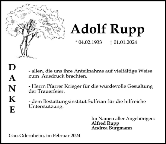Traueranzeige von Adolf Rupp von Allgemeine Zeitung Alzey