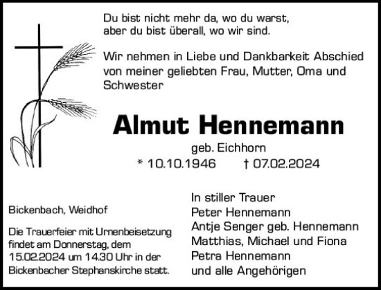 Traueranzeige von Almut Hennemann von Darmstädter Echo