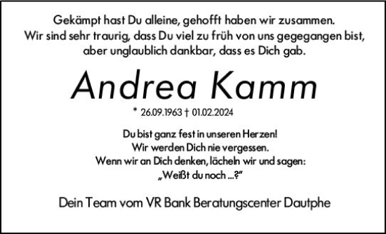 Traueranzeige von Andrea Kamm von Hinterländer Anzeiger