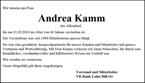 Traueranzeige von Andrea Kamm von Hinterländer Anzeiger