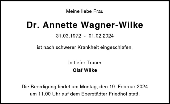 Traueranzeige von Annette Wagner-Wilke von Darmstädter Echo
