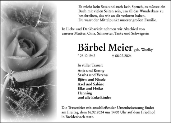 Traueranzeige von Bärbel Meier von Hinterländer Anzeiger