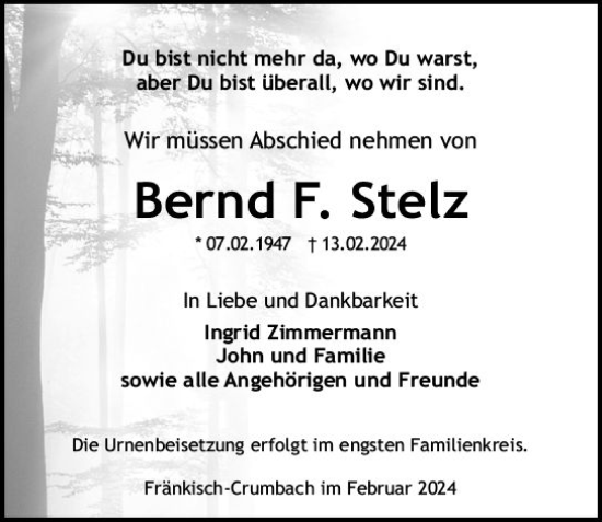 Traueranzeige von Bernd Stelz von Rüsselsheimer Echo
