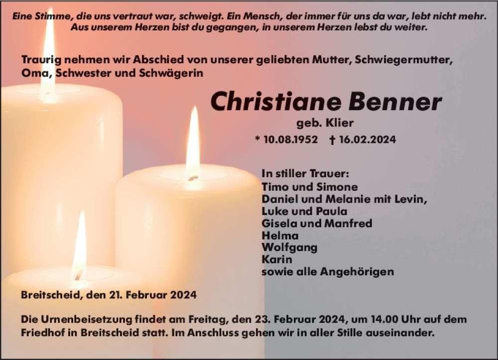  Traueranzeige für Christiane Benner vom 21.02.2024 aus Dill Block