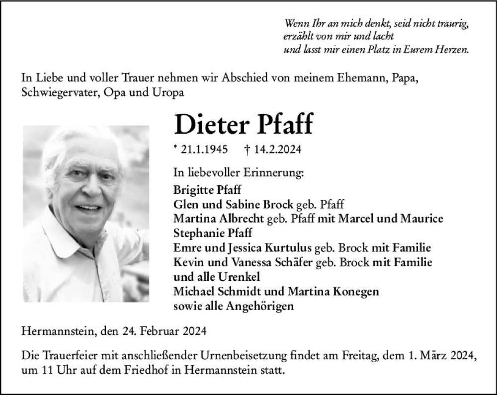  Traueranzeige für Dieter Pfaff vom 24.02.2024 aus Wetzlarer Neue Zeitung