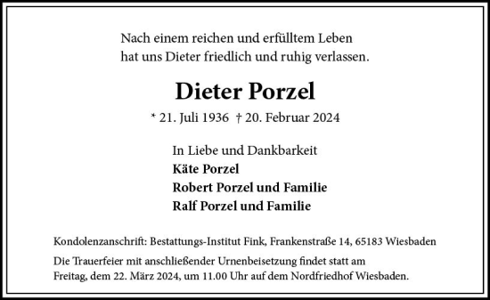Traueranzeige von Dieter Porzel von Wiesbadener Kurier