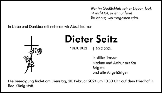 Traueranzeige von Dieter Seitz von Odenwälder Echo