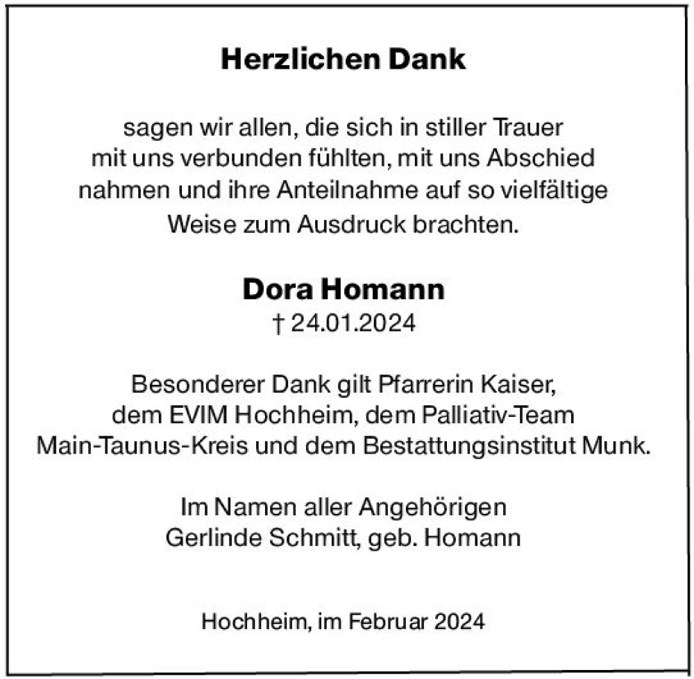  Traueranzeige für Dora Homann vom 16.02.2024 aus Hochheimer Zeitung
