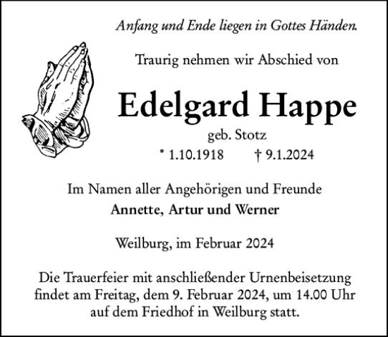 Traueranzeige von Edelgard Happe von Weilburger Tageblatt