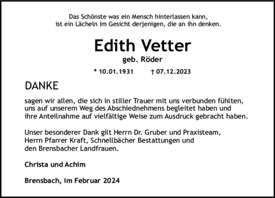 Traueranzeige von Edith Vetter von Odenwälder Echo