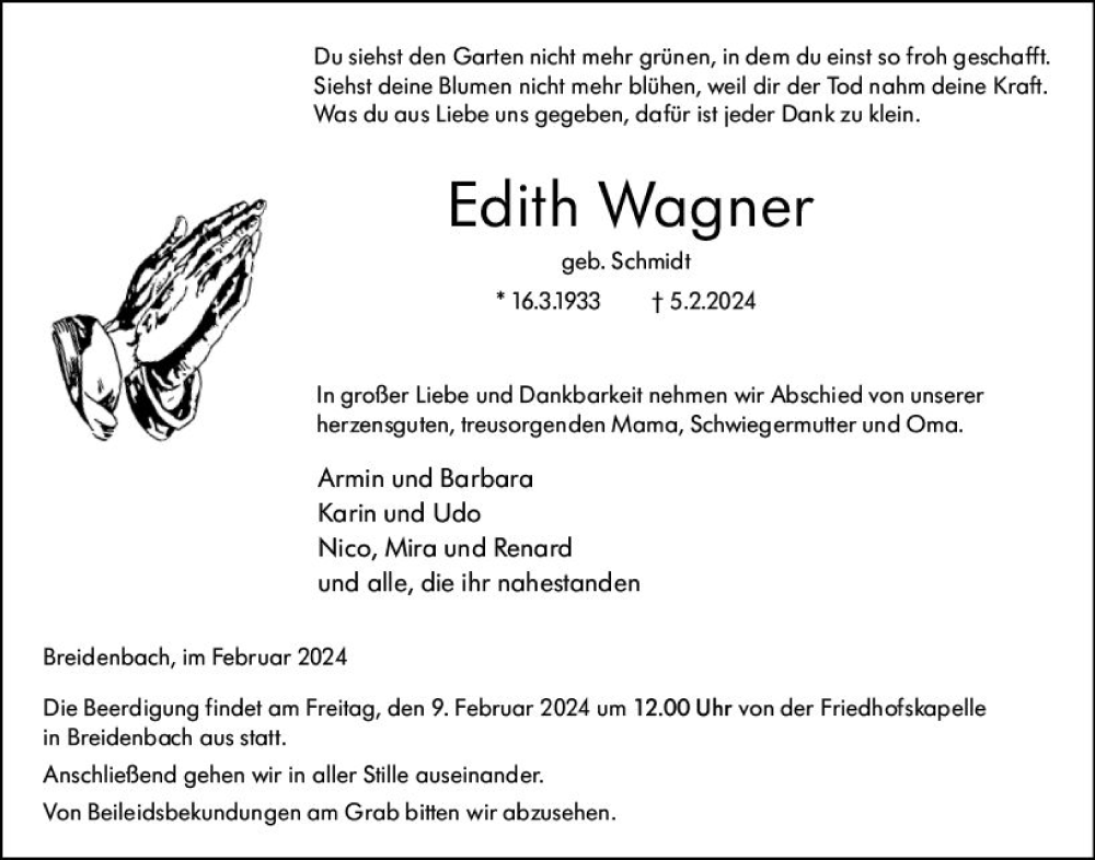  Traueranzeige für Edith Wagner vom 07.02.2024 aus Hinterländer Anzeiger