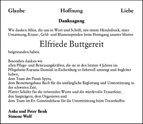 Traueranzeige von Elfriede Buttgereit von Dill Block