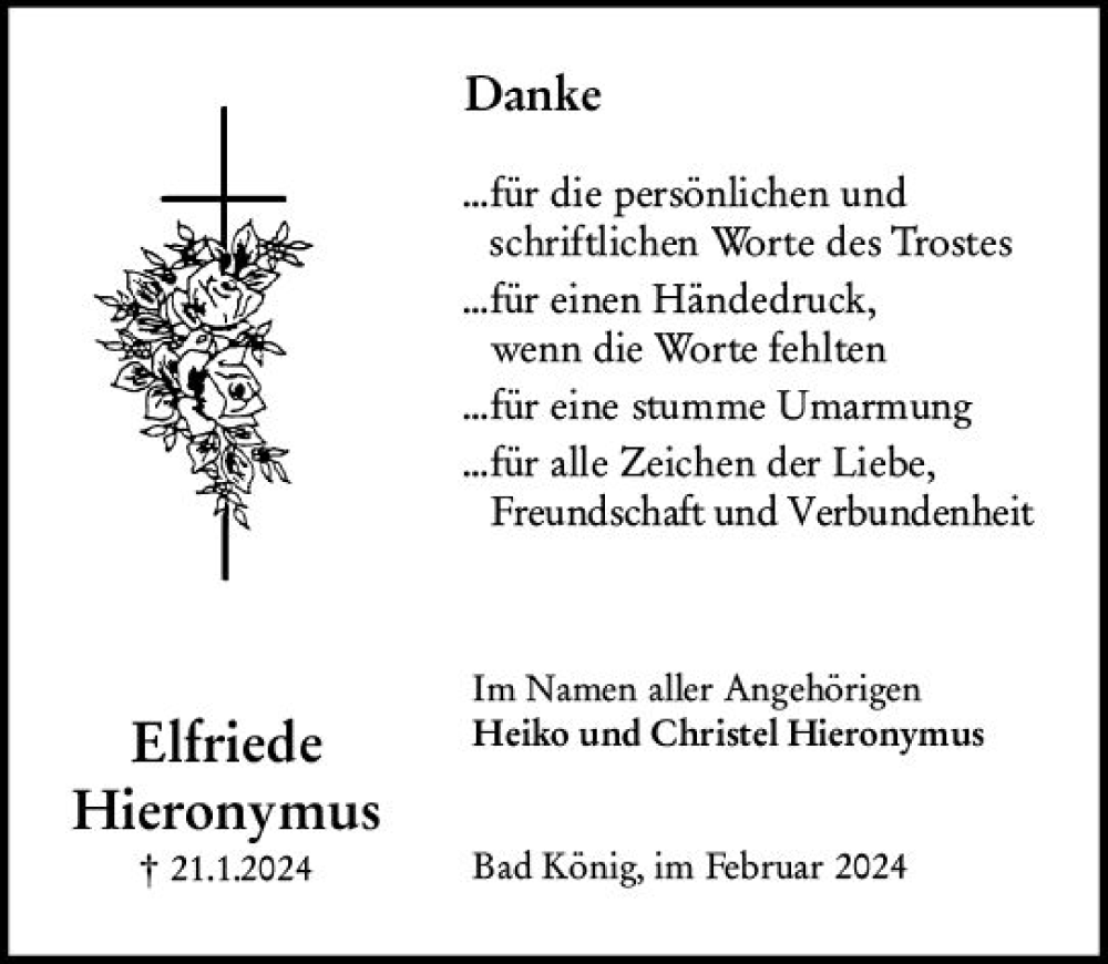  Traueranzeige für Elfriede Hieronymus vom 24.02.2024 aus Odenwälder Echo