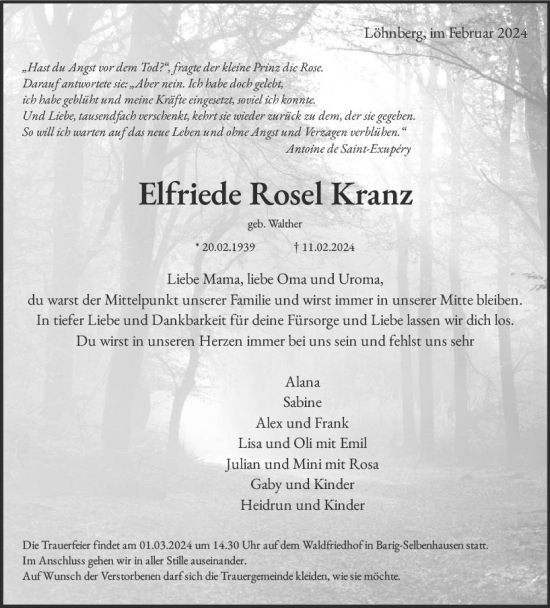 Traueranzeige von Elfriede Rosel Kranz von Weilburger Tageblatt