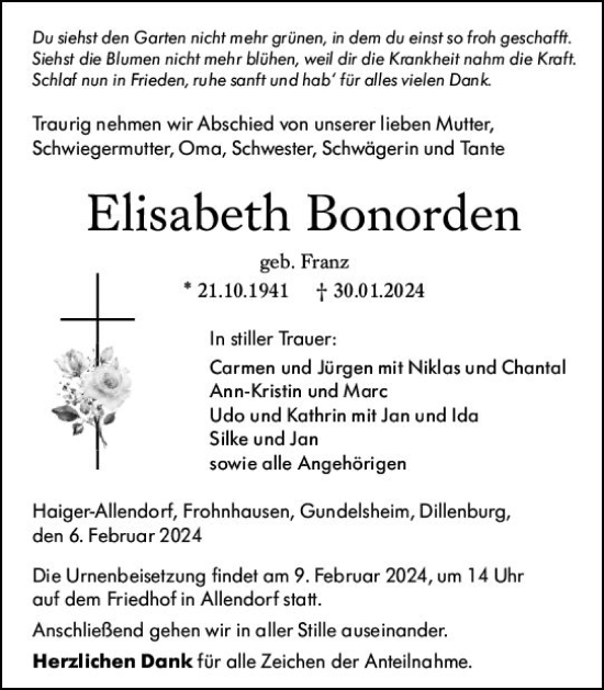 Traueranzeige von Elisabeth Bonorden von Dill Block