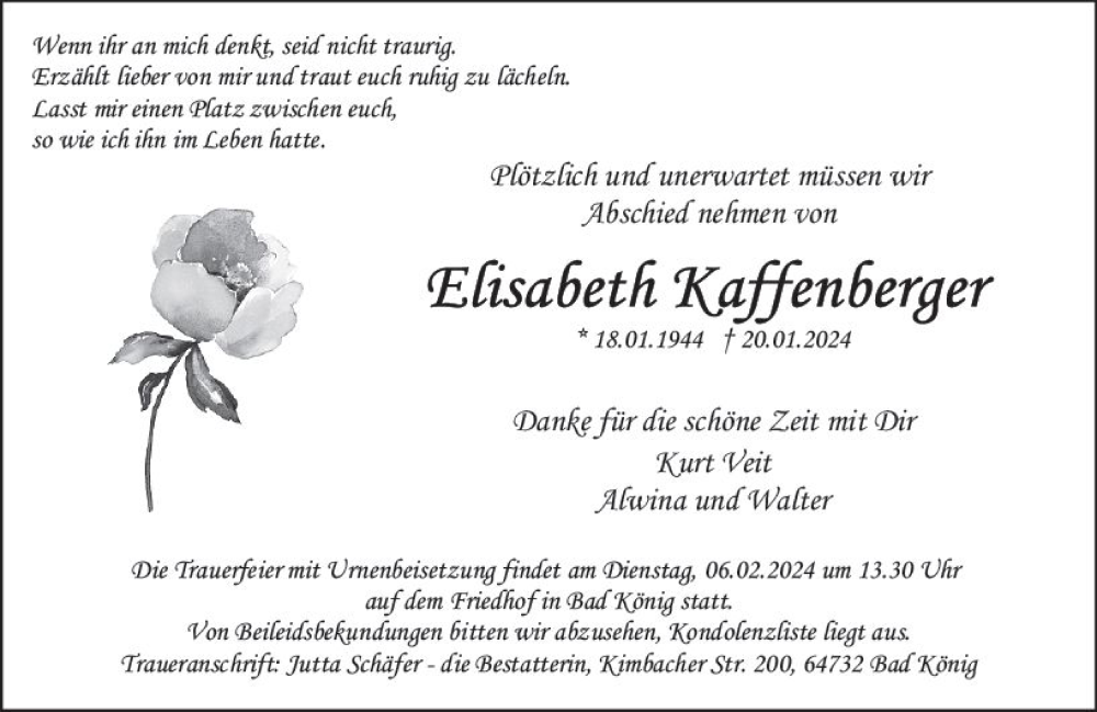  Traueranzeige für Elisabeth Kaffenberger vom 03.02.2024 aus Odenwälder Echo