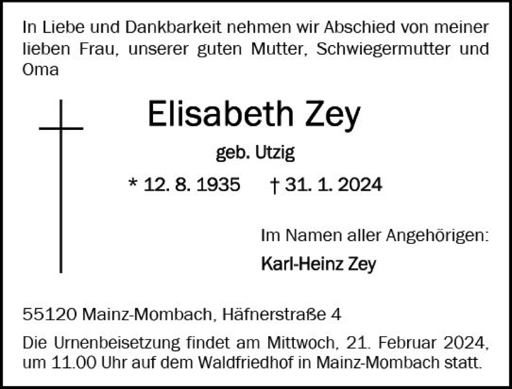  Traueranzeige für Elisabeth Zey vom 17.02.2024 aus Allgemeine Zeitung Mainz